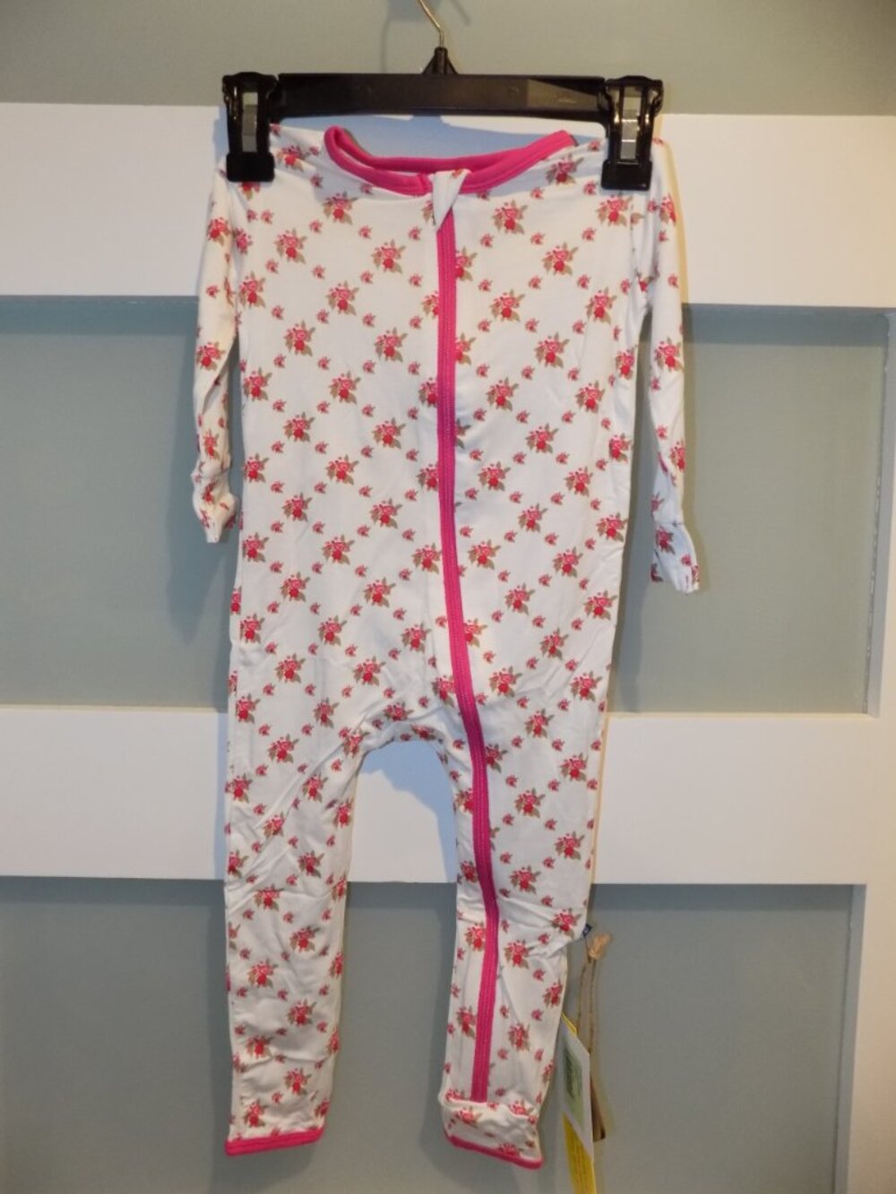 KicKee Pants Print Coverall W/Zipper Natural Rose Trellis Size: 18/24 Months NEW - Picture 2 of 3